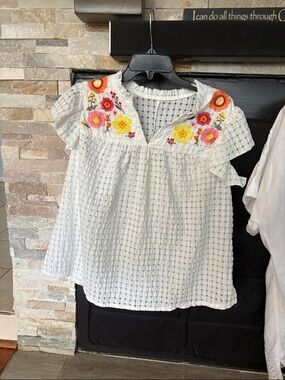 White Embroidered Floral Peasant Top - White